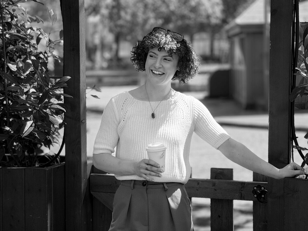 Hannah Crawford laughing, black and white portrait
