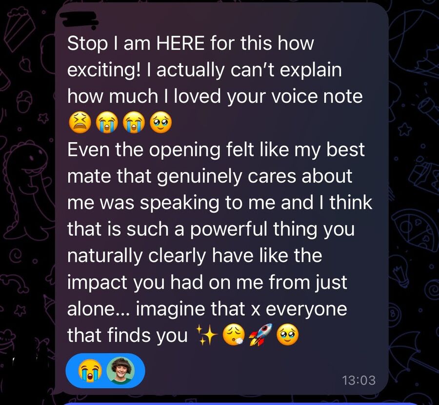 A client message praising Hannah's voice notes