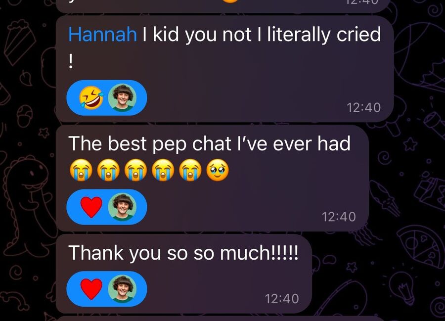 A client message praising Hannah's voice notes