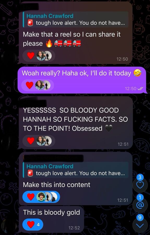 A client message praising Hannah's voice notes