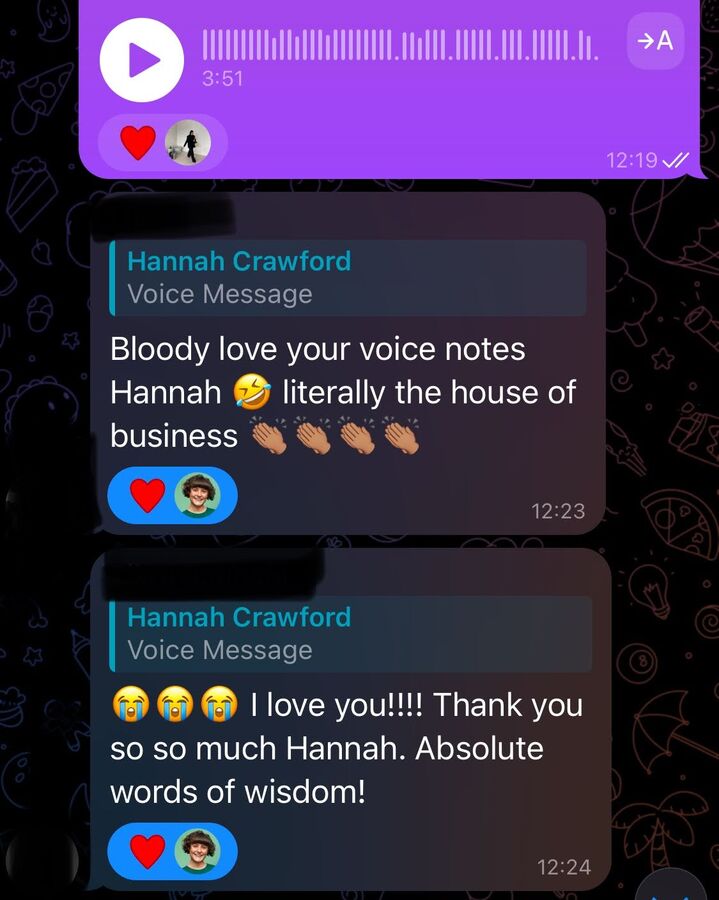 A client message praising Hannah's voice notes