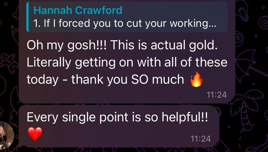 A client message praising Hannah's voice notes
