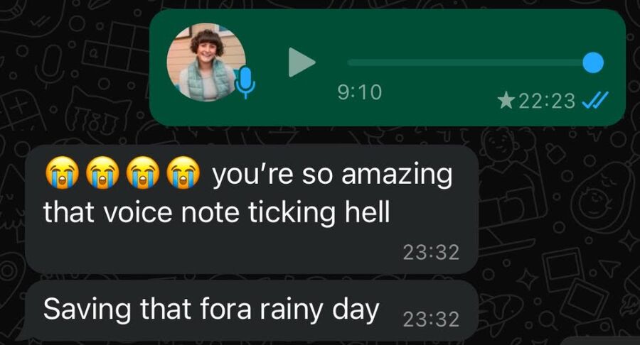 A client message praising Hannah's voice notes